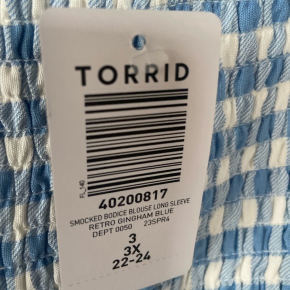 Torrid Rayon Slub Smocked Bodice Long Sleeve Crop Top Blue Gingham Size 3X - Picture 7 of 9